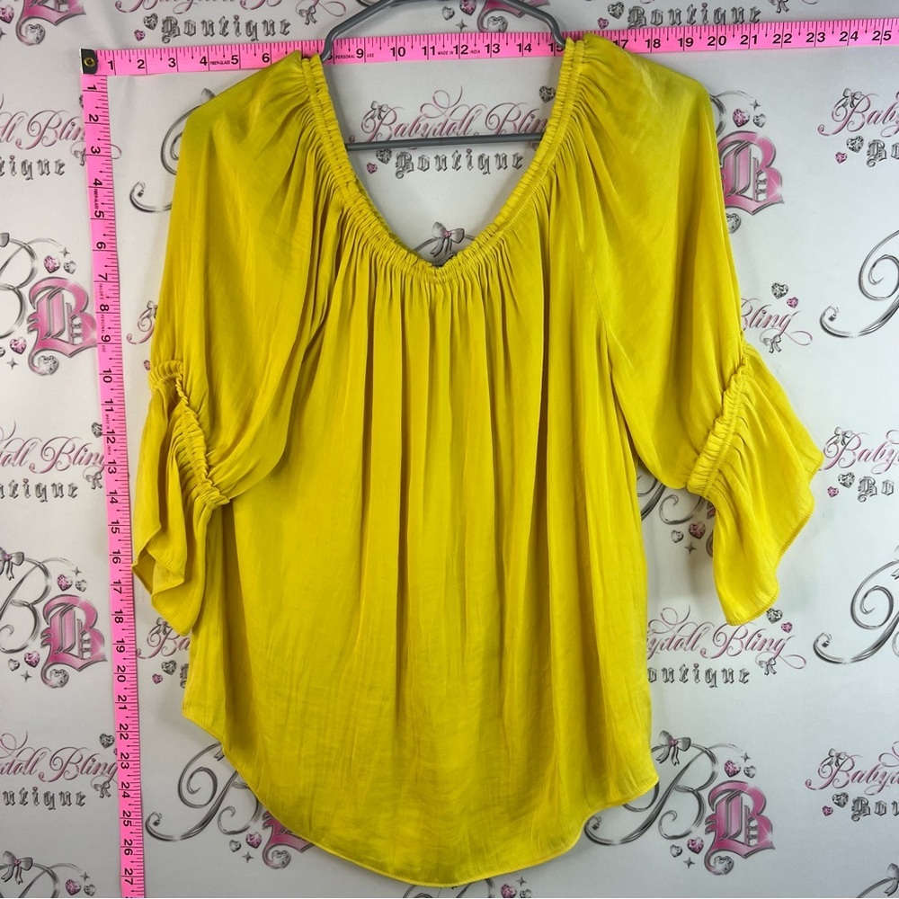 Naked Zebra shirt flowy flare Bright Yellow Gathered V-Neck Peasant Blouse
